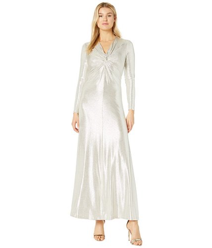 Imbracaminte femei tahari by asl long sleeve twist front metallic stretch gown silver powder