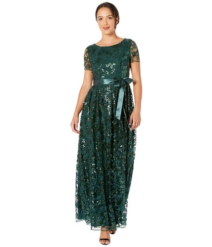 Imbracaminte femei tahari by asl petite short sleeve embroidered lace gown with ribbon sash hunter green
