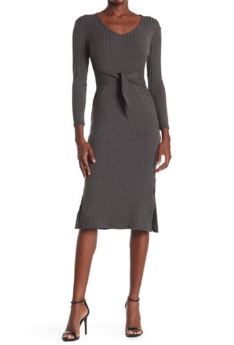 Imbracaminte femei velvet torch long sleeve tie front ribbed knit midi dress charcoal