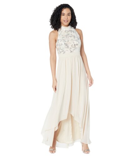 Imbracaminte femei vince camuto high neck haltered sequin top gown with high-low chiffon skirt champagne