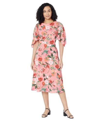 Imbracaminte femei vince camuto printed pebble crepe boatneck high-low flutter sleeve midi coral