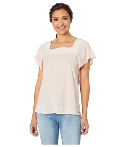 Imbracaminte femei vince camuto short sleeve squared neck layered top peach bellini