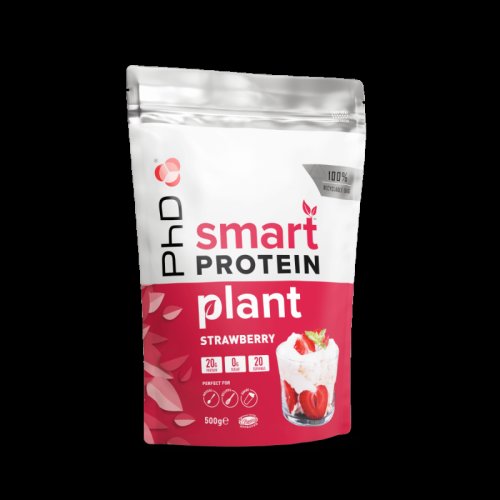 Pudra de proteine vegetale cu aroma de capsuni si frisca smart protein plant, 500g, phd