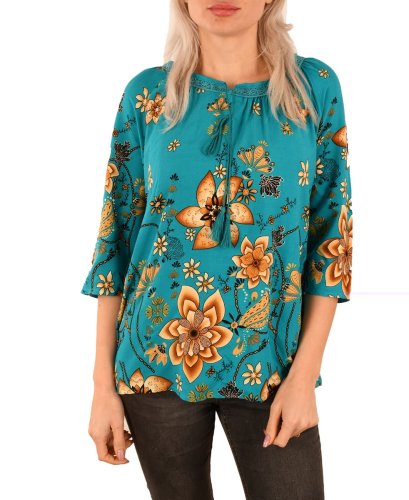 Bluza turcoaz cu flori maro pentru dama - cod a67t