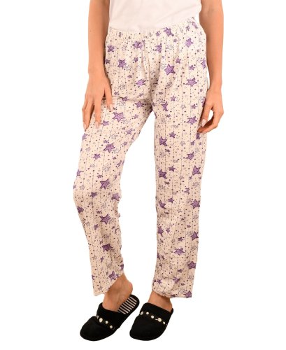 Pantaloni de pijama albi cu stelute mov - cod 45467