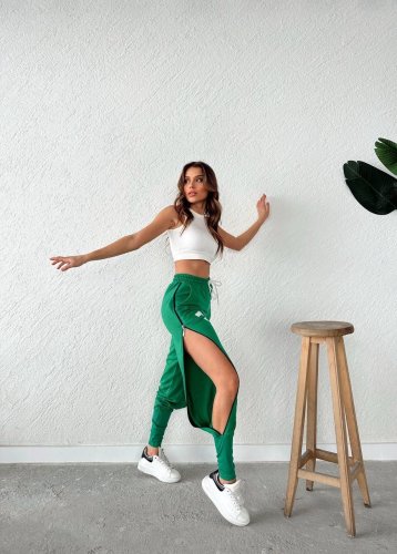 Pantaloni de trening verzi cu fermoar lateral 