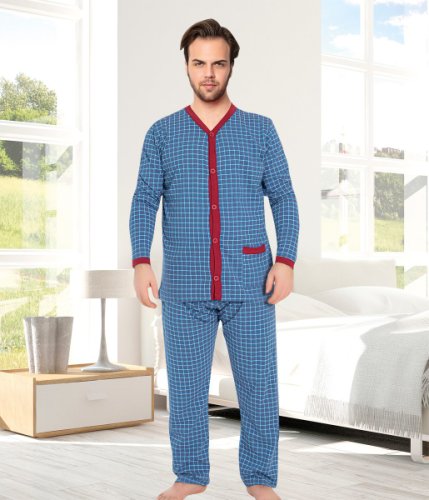Pijama barbati cu maneca lunga si nasturi, albastru/rosu