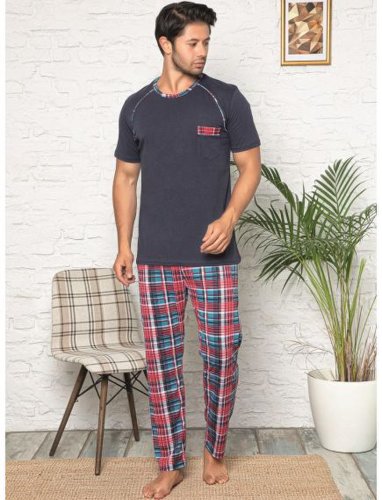 Pijama lunga barbati, baki, cu model imprimat, in carouri