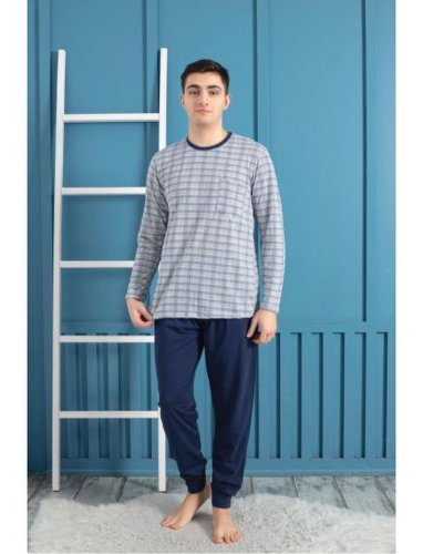 Pijama lunga barbati, berfin, cu model imprimat, bleumarin/albastru