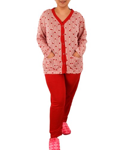 Pijama vatuita batal rosie cu flori si nasturi - cod 45115
