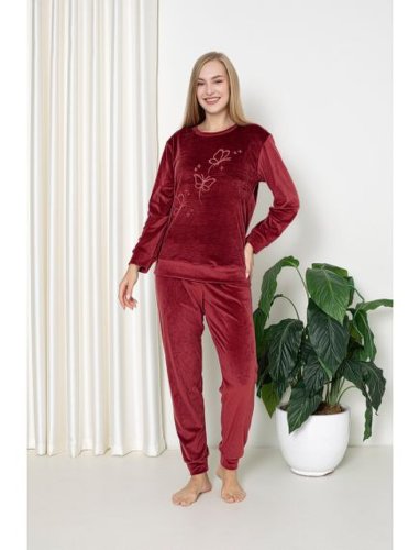 Pijamale lungi din catifea, model butterfly, rosie