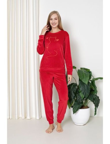 Pijamale lungi din catifea, model cat, rosie