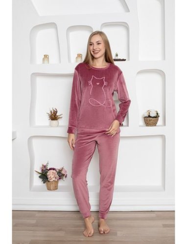 Pijamale lungi din catifea, model cat, roz