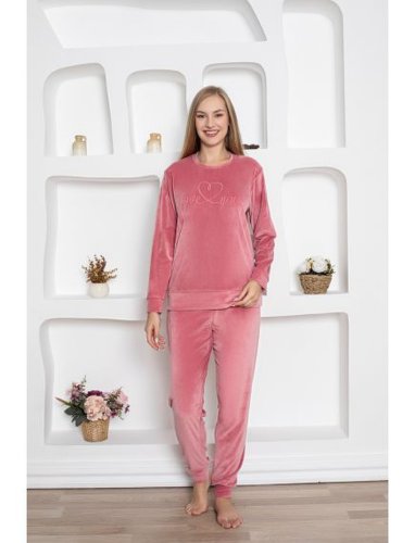 Pijamale lungi din catifea, model love, roz