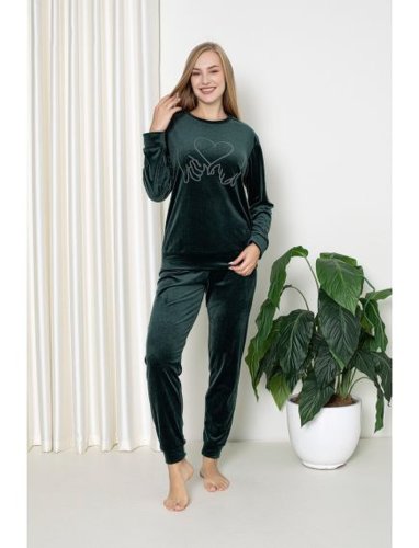 Pijamale lungi din catifea, model love, verde