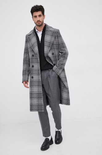 Boss palton de lână culoarea gri, de tranzitie, cu doua randuri de nasturi