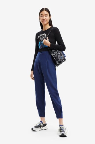 Desigual pantaloni femei, culoarea albastru marin, fason chinos, high waist