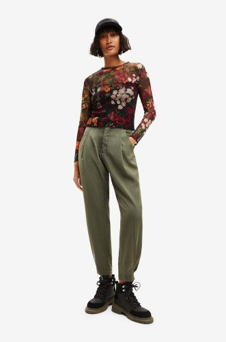 Desigual pantaloni femei, culoarea verde, fason chinos, high waist