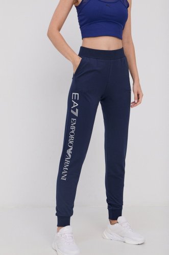 Ea7 emporio armani pantaloni femei, culoarea albastru marin, material neted