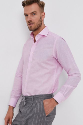 Emanuel berg cămașă bărbați, culoarea roz, cu guler italian, slim