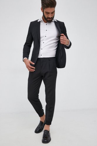 Hugo pantaloni de lână bărbați, culoarea negru, model drept
