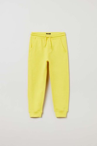 Ovs pantaloni de trening din bumbac pentru copii culoarea galben, neted