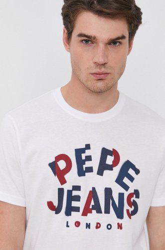 Pepe jeans tricou din bumbac raphael culoarea alb, cu imprimeu