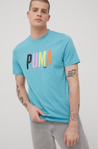 Puma tricou din bumbac culoarea turcoaz, cu imprimeu