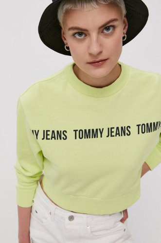 Tommy jeans hanorac de bumbac femei, culoarea verde, cu imprimeu