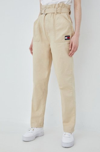 Tommy jeans pantaloni de bumbac femei, culoarea bej, drept, high waist