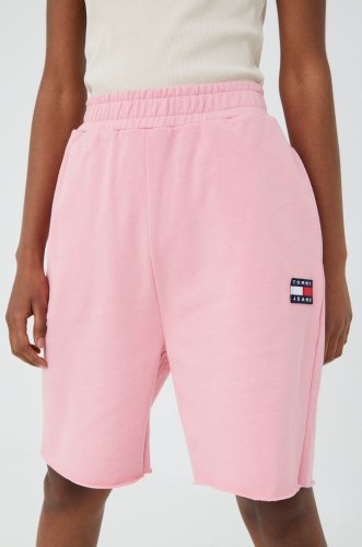 Tommy jeans pantaloni scurti din bumbac femei, culoarea roz, neted, high waist