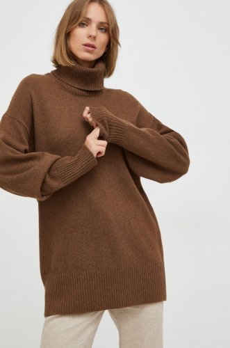 Trussardi pulover din amestec de lana femei, culoarea maro, cu guler