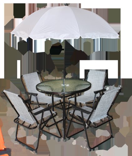 Raki set mobilier terasa, gradina masa rotunda d80cm, umbrela d150cm alba si 4 scaune