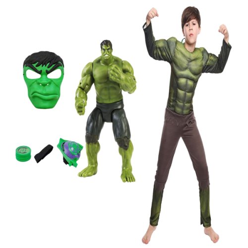 Set costum hulk clasic cu muschi si accesorii pentru baieti 130-140 cm 7-9 ani