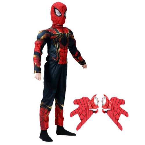 Set costum iron spiderman cu muschi si manusi cu lansator pentru baieti 110-120 cm 5-7 ani