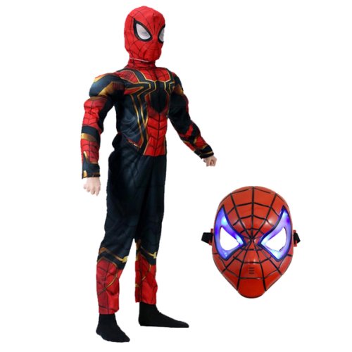 Set costum iron spiderman cu muschi si masca led pentru baieti 100-110 cm 3-5 ani