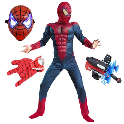 Set costum spiderman cu muschi si accesorii pentru baieti 100-110 cm 3-5 ani