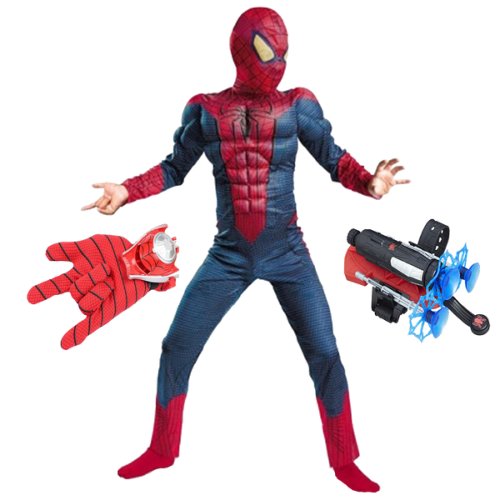 Set costum spiderman cu muschi si doua lansatoare pentru baieti 100-110 cm 3-5 ani