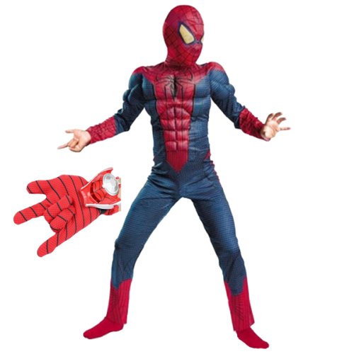 Set costum spiderman cu muschi si lansator discuri pentru baieti 100-110 cm 3-5 ani