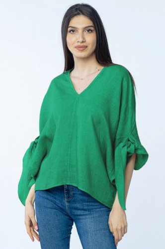 Bluza de vara cu funde, din in, oversize, verde