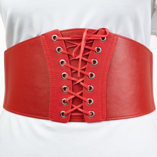 Centura rosie corset, masura mare, lata, din piele ecologica cu siret si capse mici