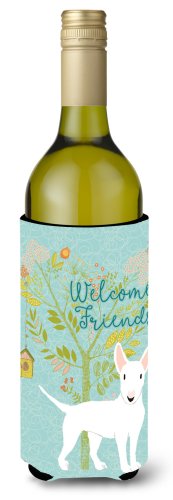 Caroline`s treasures bine ati venit prieteni white bull terrier sticla de vin beverge izolator hugger alb wine bottle