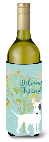 Caroline`s treasures bine ati venit prieteni white patched bull terrier sticla de vin beverge izolator hugger alb wine bottle