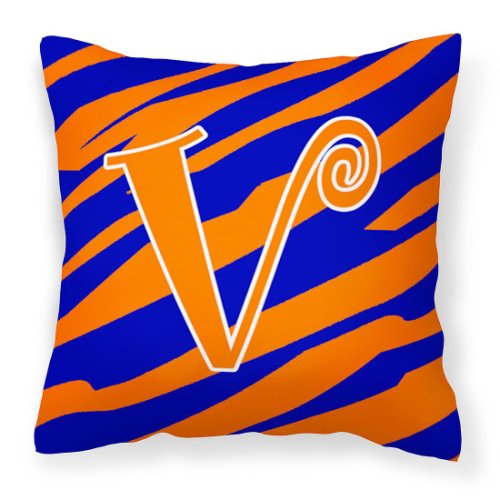 Caroline`s treasures monograma inițială v tiger stripe albastru și portocaliu decorative panza tesatura perna 14hx14w
