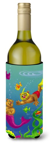 Caroline`s treasures teddy bear sirena și diver sticla de vin băutură izolator hugger multicolore wine bottle