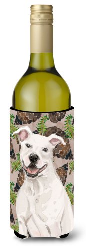 Caroline`s treasures white staffie bull terrier conuri de pin sticla de vin beverge izolator hugger alb wine bottle
