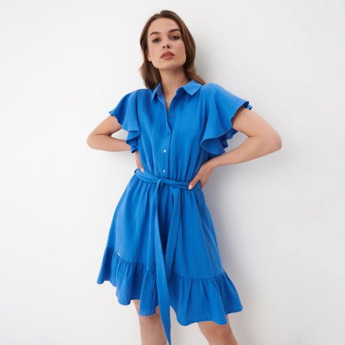Mohito - rochie mini tip cămașă, albastră, din muselină - albastru